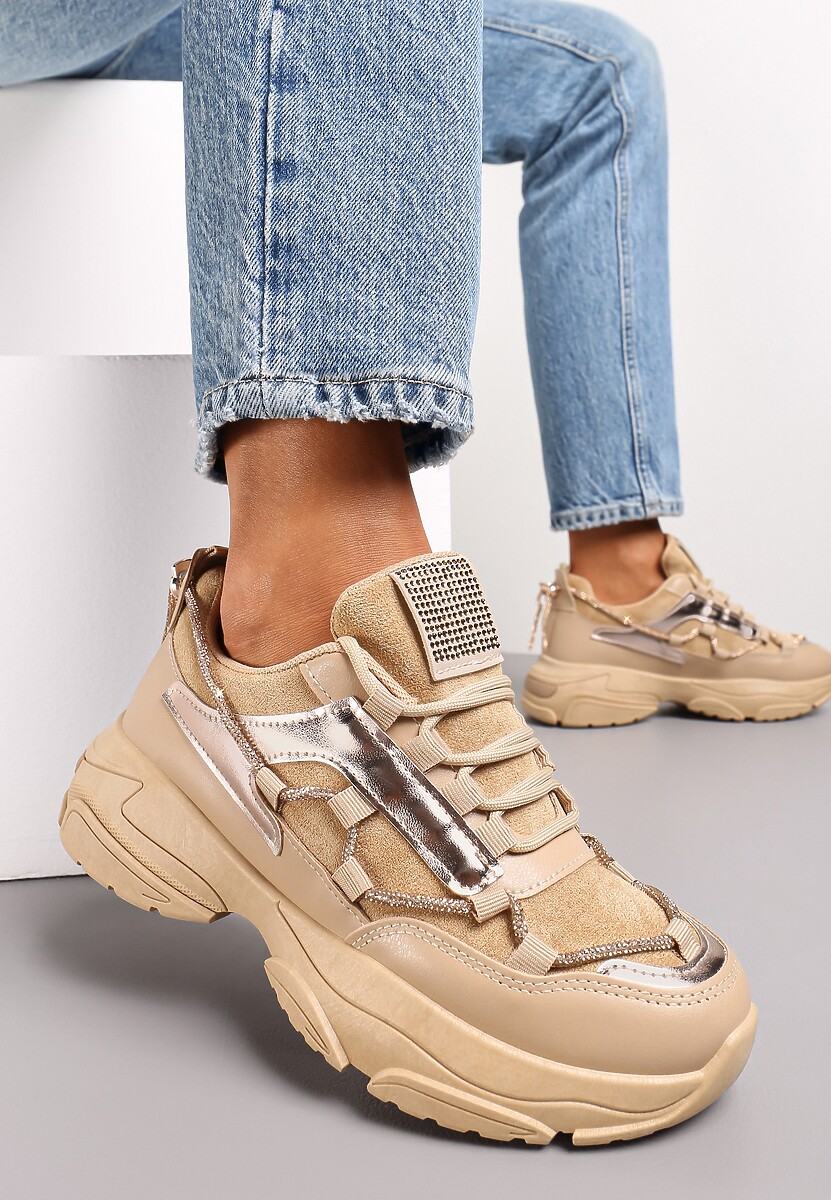 Ciemnobeżowe Sneakersy z Ozdobnym Sznureczkiem z Cyrkoniami Babeset