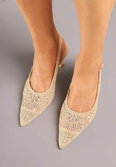 Ciemnobeżowe Haftowane Sandały Vices na Szpilce Typu Slingback Atesia