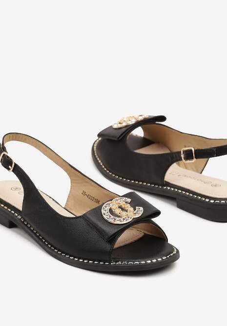 Czarne Sandały Slingback ze Skórzaną Wkładką i Zdobieniem z Cyrkonii Arivonna