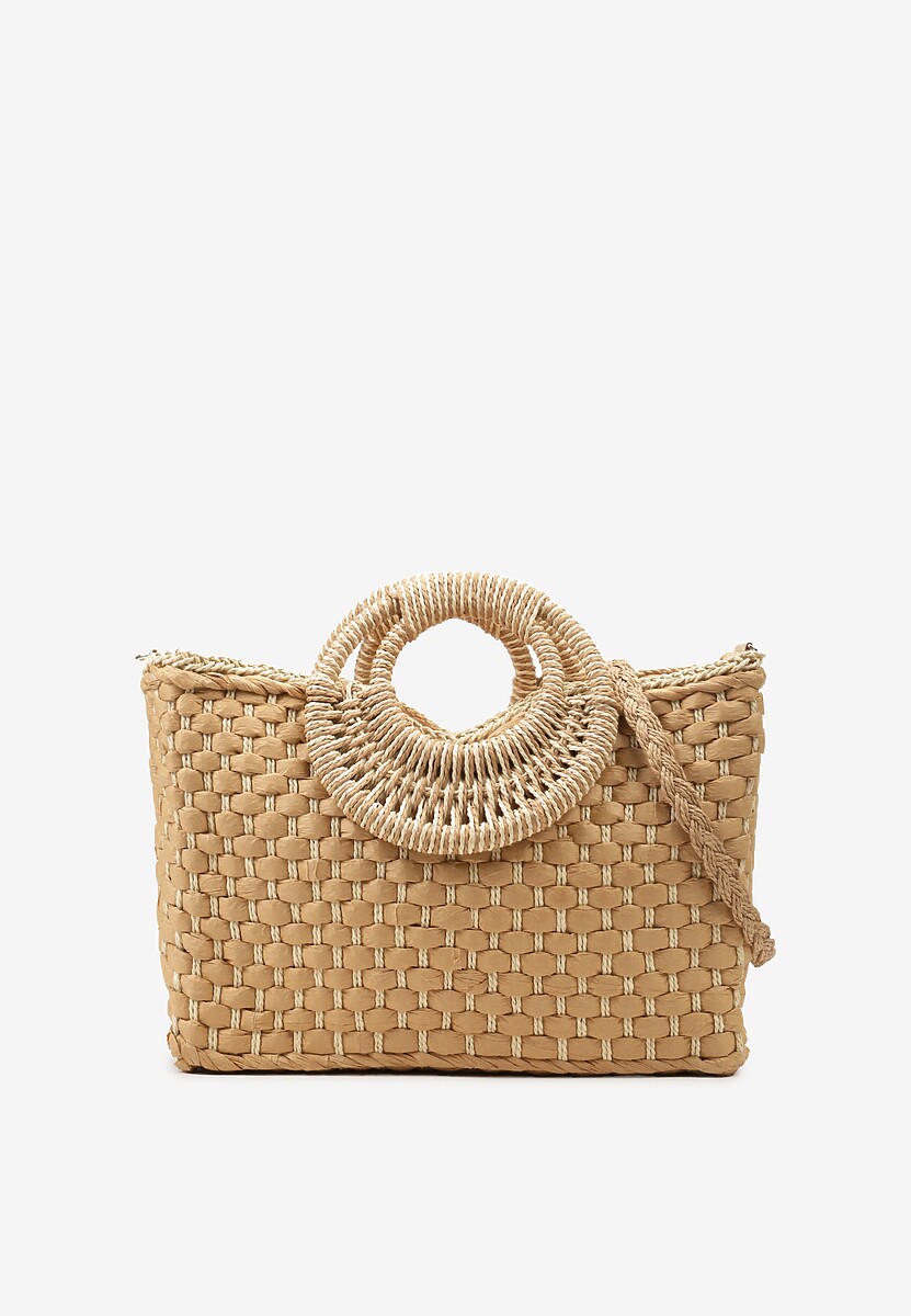 Beżowa Jednokomorowa Torebka na Ramię z Plecionki z Dodatkowym Paskiem Wezen