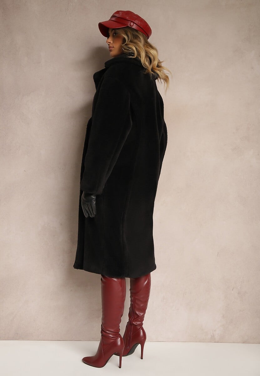 Czarny Dwurzędowy Płaszcz z Futerkiem Zelirra