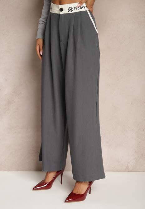 Szare Spodnie Palazzo High Waist z Szerokimi Nogawkami z Zapięciem na Guziki i Zamek Lomedia
