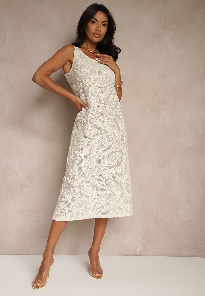 Beżowa Bawełniana Sukienka w Stylu Boho z Szydełkowymi Zdobieniami Baniella