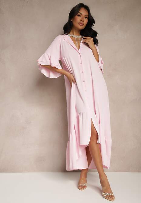 Różowa Koszulowa Sukienka Ozdobiona Falbanką Ransara