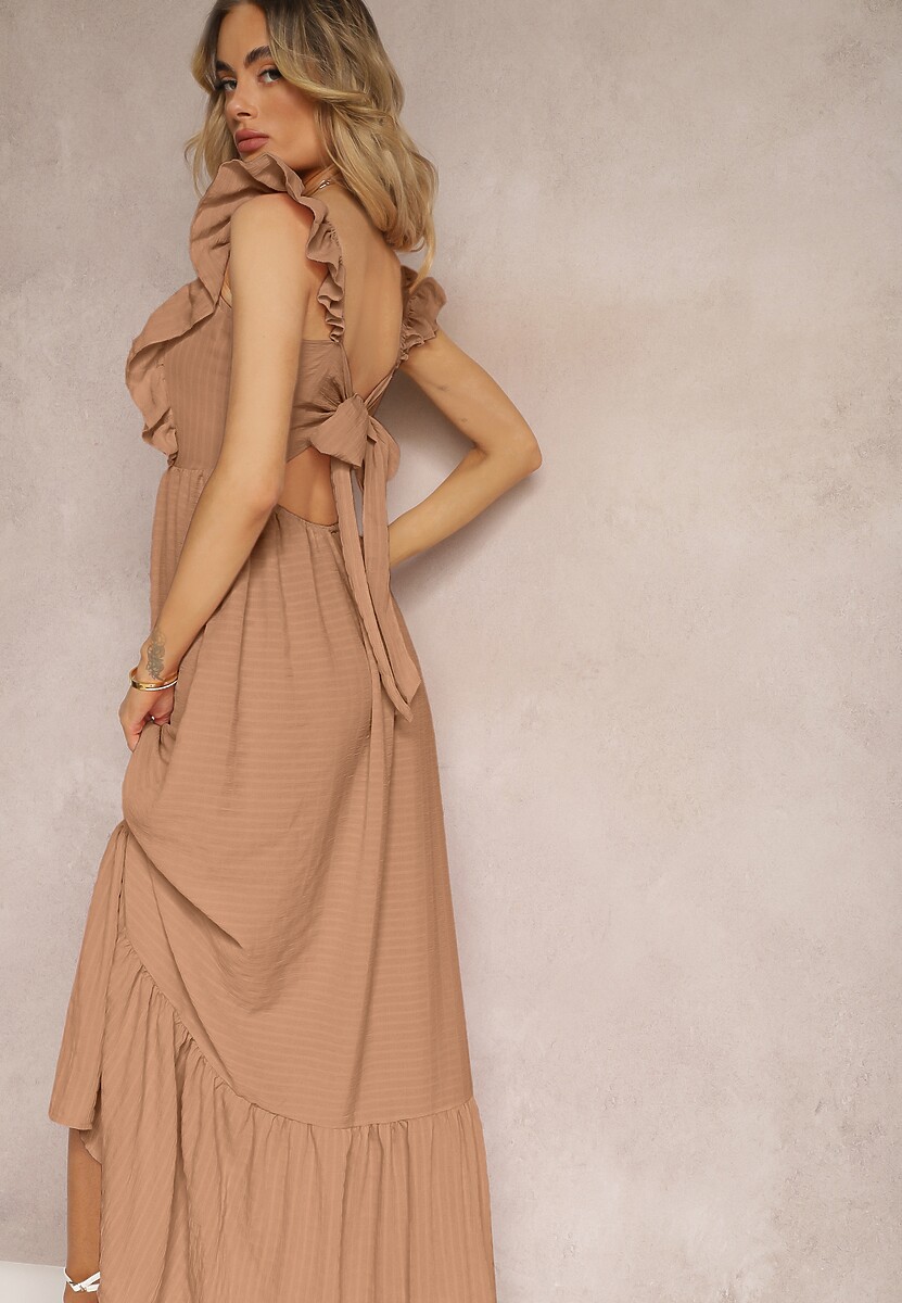 Zielona Sukienka z Wiązaniem na Plecach na Ramiączkach z Falbankami i Gumką w Pasie Rollas