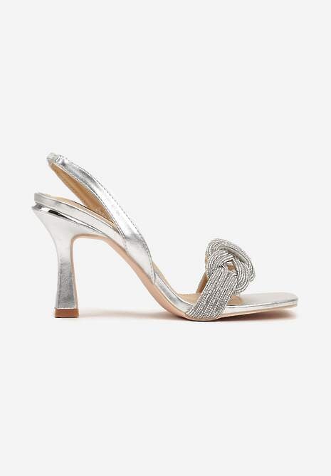 Srebrne Sandały na Szpilce z Cyrkoniowymi Paskami Sinadel