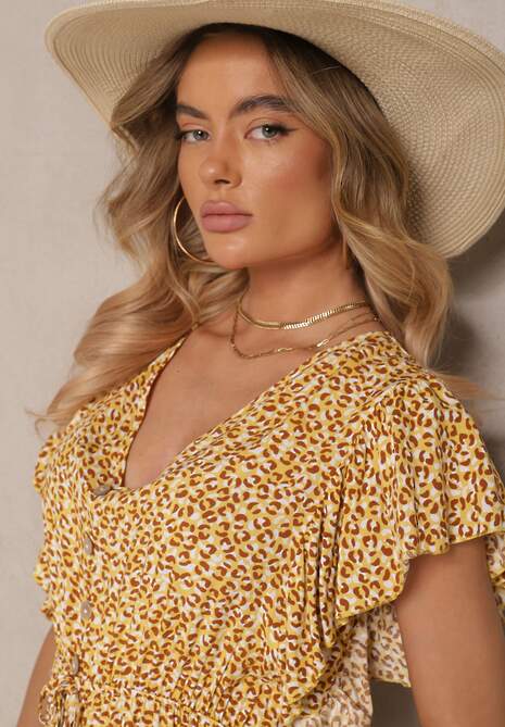 Żółta Sukienka z Bawełny w Cętki o Rozkloszowanym Kroju z Guzikami Aluvellae