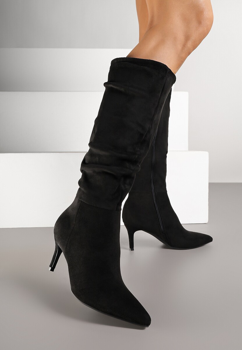 Ciemnobeżowe Marszczone Kozaki z Imitacji Zamszu na Obcasie Typu Szpilka Rilavira