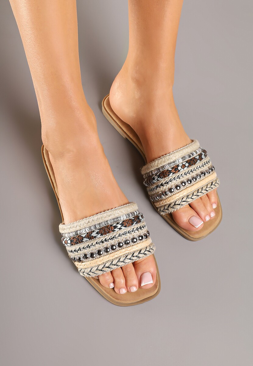 Czerwono-Beżowe Klapki z Nitami Plecione w Stylu Boho Lanvisa