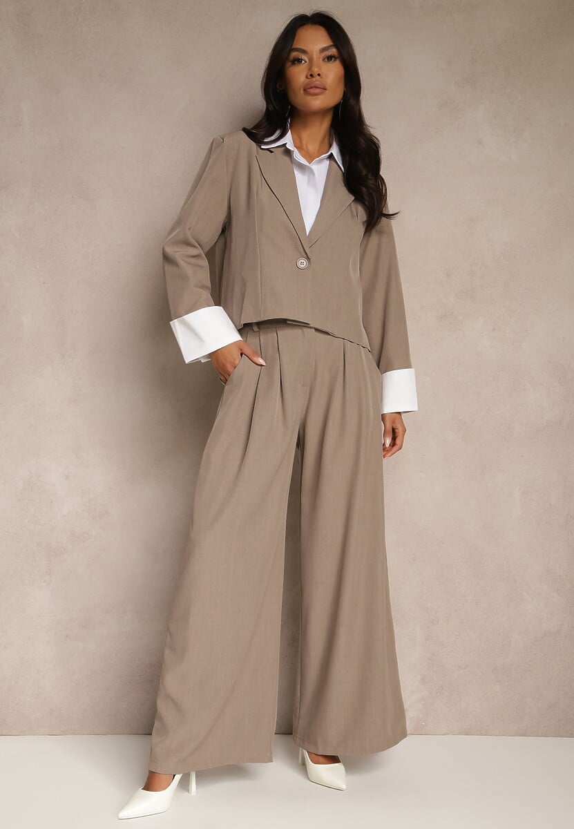 Ciemnobrązowy Garniturowy Komplet Marynarka i Spodnie z Kontrastującymi Zdobieniami Davirielle