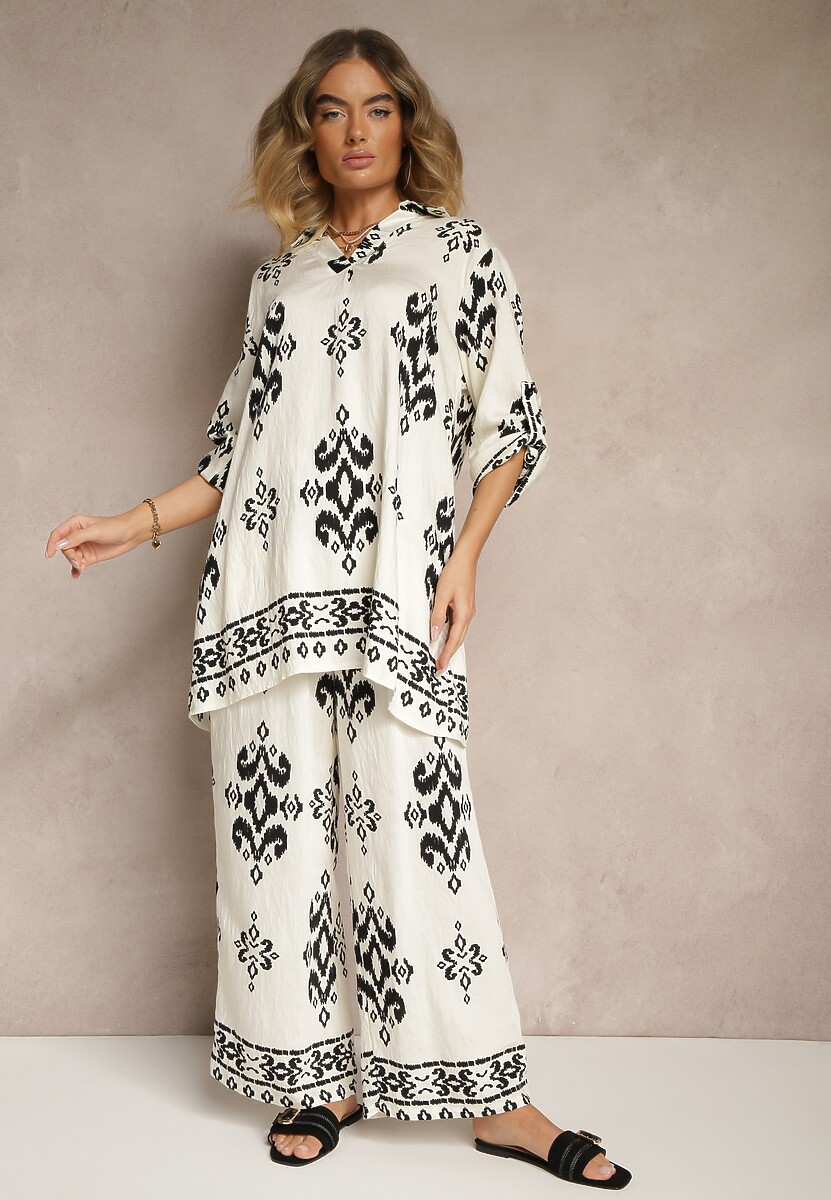 Brązowy Komplet z Wiskozą Koszula i Spodnie Zdobione Etnicznym Printem Mepina