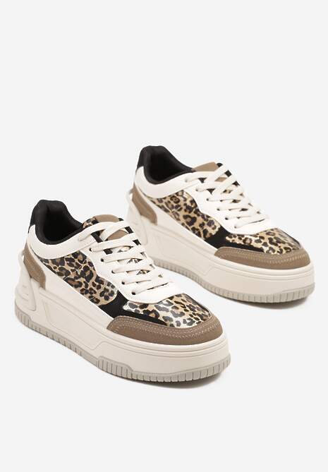 Beżowo-Brązowe Sneakersy na Tłoczonej Platformie Ozdobione Wzorem w Panterkę Deoranae