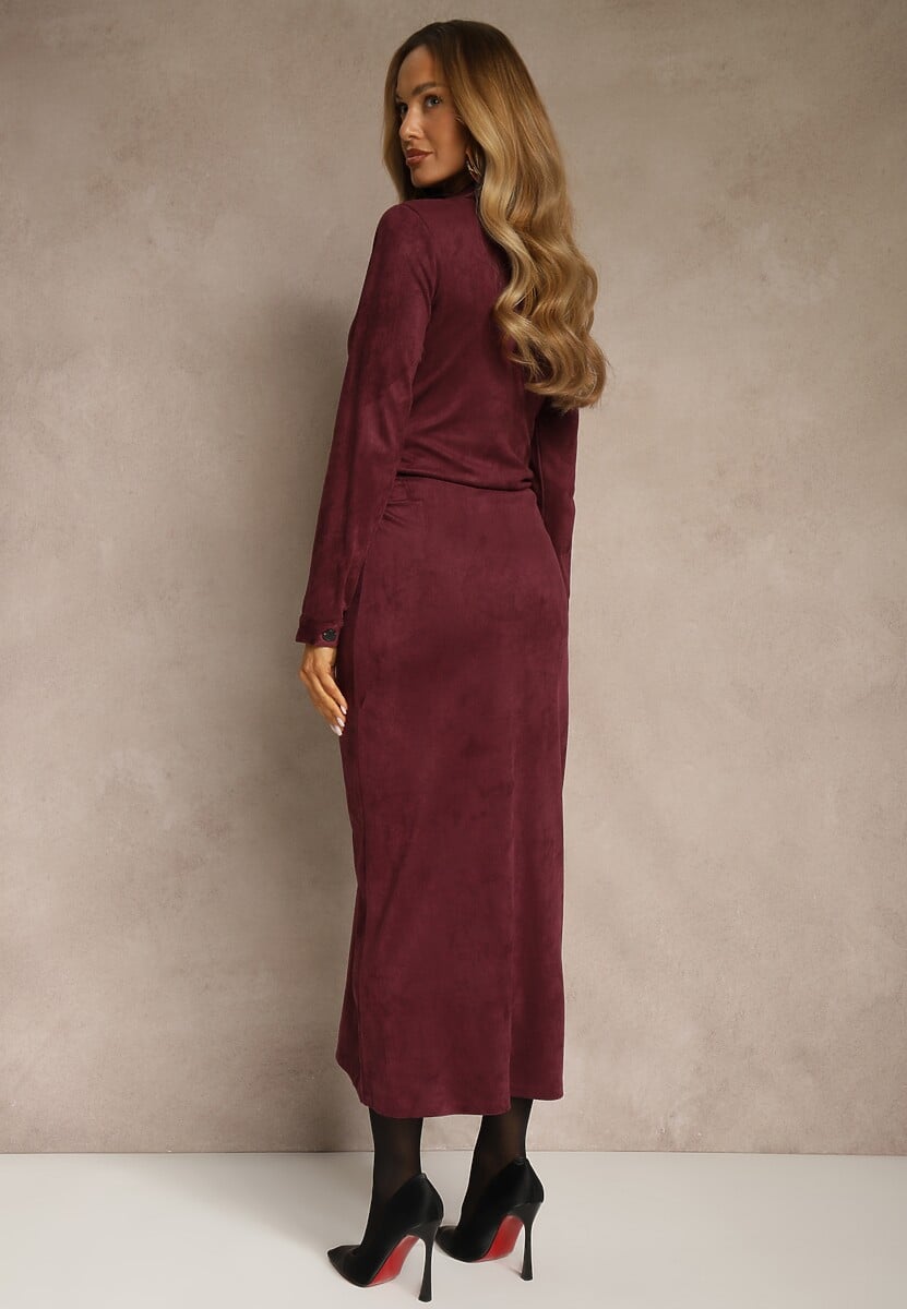 Bordowa Marszczona Sukienka z Imitacji Zamszu o Koszulowym Kroju Esora