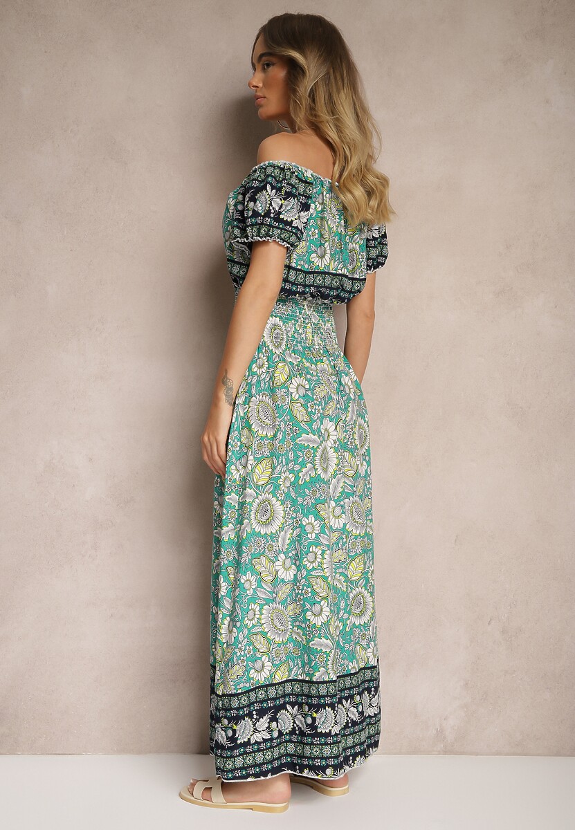 Zielona Rozkloszowana Sukienka z Bawełny w Kwiatowy Wzór z Marszczoną Gumką w Talii Viarena