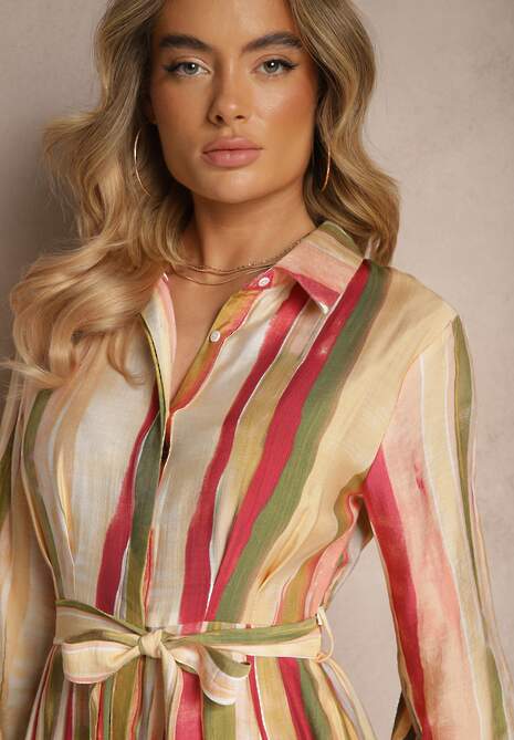 Beżowa Sukienka Koszulowa Wiązana w Talii w Paseczki Merilsa