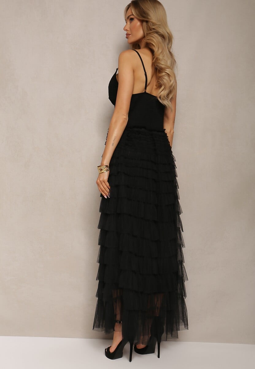 Czarna Sukienka z Koronką na Regulowanych Ramiączkach z Falbankami Joellama