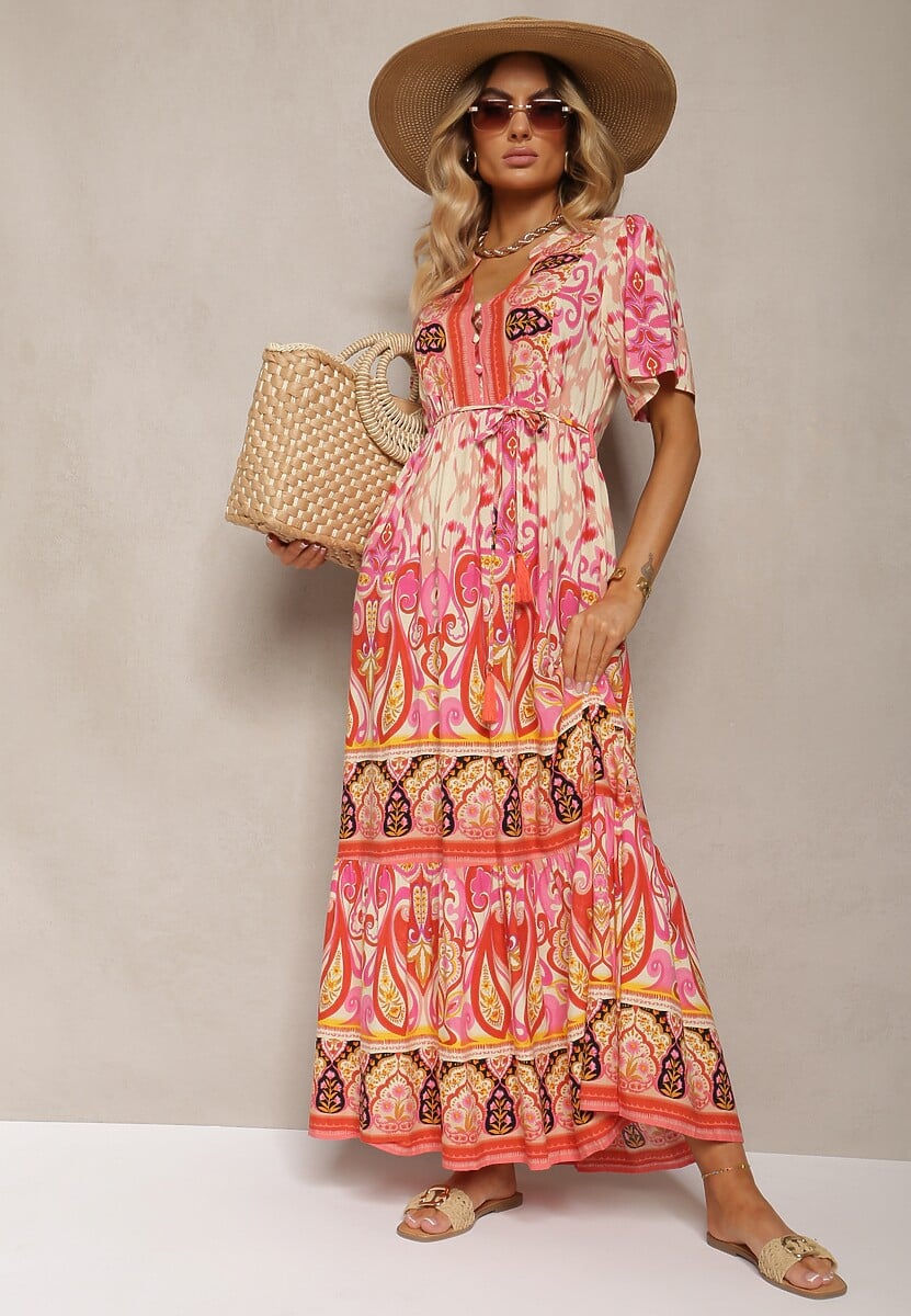 Czerwona Boho Sukienka z Wiskozy z Ozdobnymi Guzikami i Cienkim Paskiem w Talii Dimosia