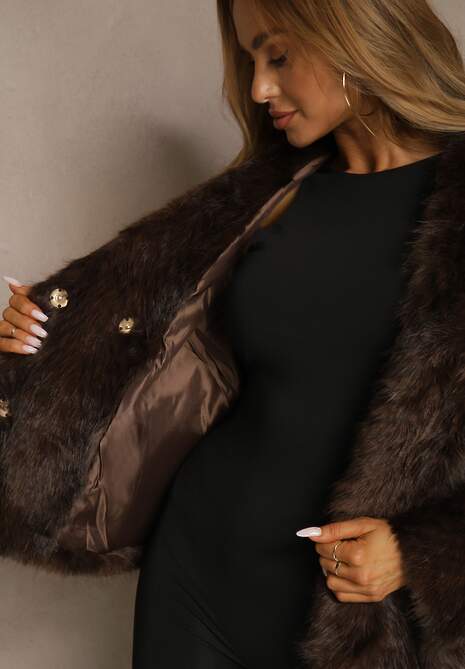 Brązowa Kurtka Futerko Ozdobione Cieniowanym Motywem Monideva