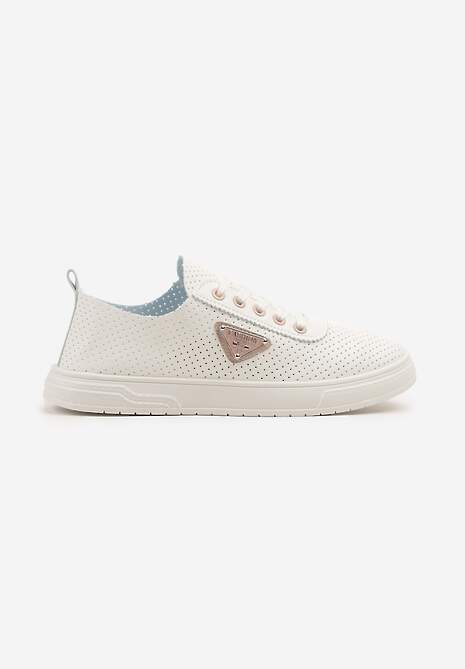 Biało-Różowe Tenisówki z Cholewką z Perforacją i Ozdobną Aplikacją Emmio