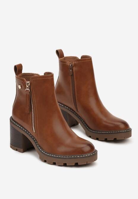 Brązowe Botki na Obcasie z Ozdobnym Zamkiem Błyskawicznym Leriene