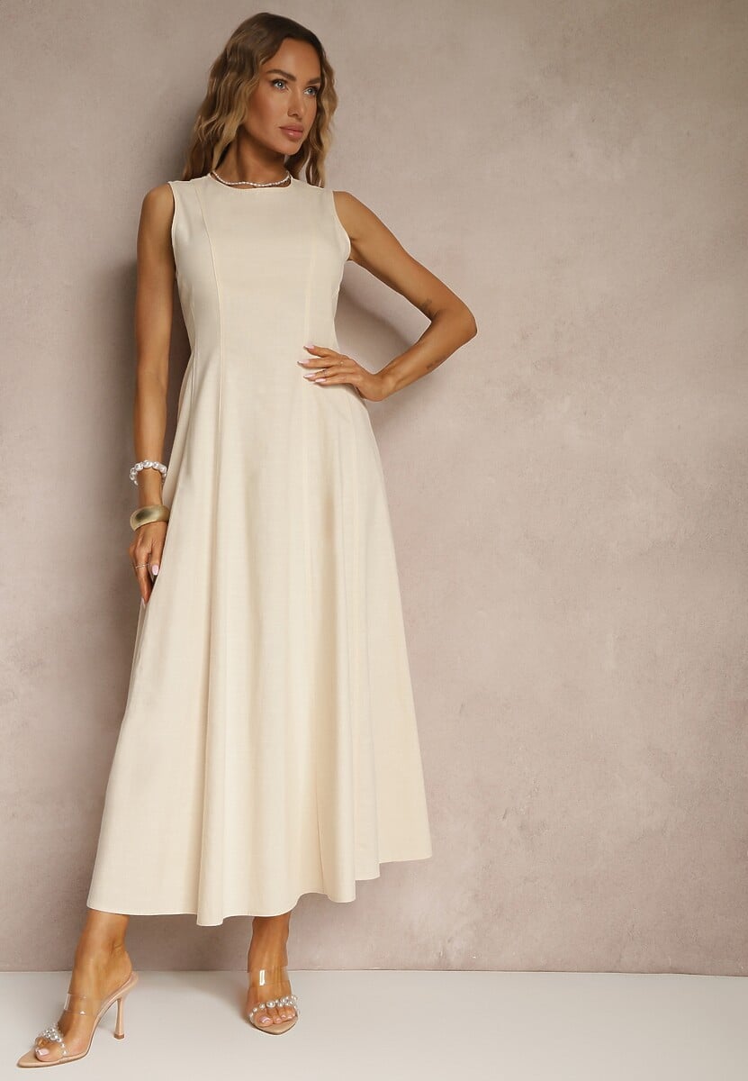 Jasnobeżowa Sukienka z Wiskozą o Rozkloszowanym Kroju Bez Rękawów Barneria