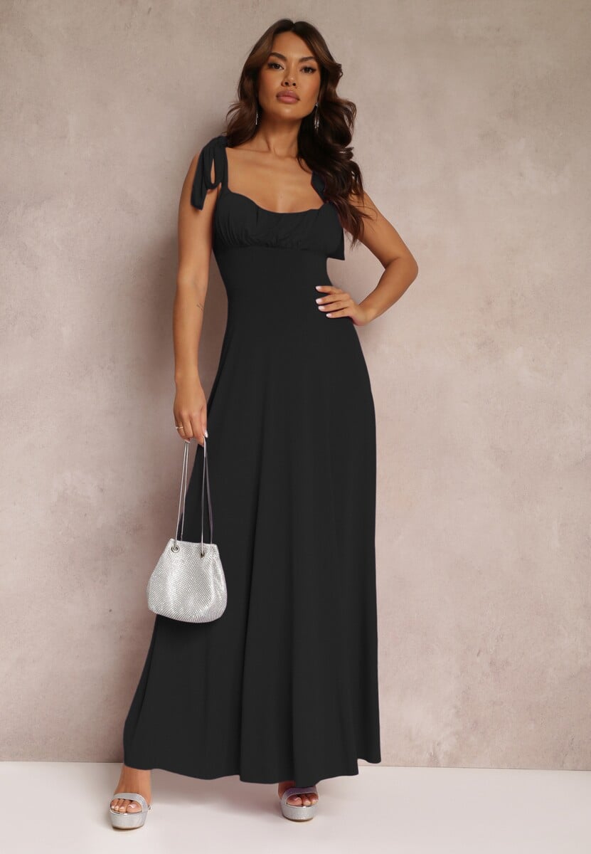 Jasnobeżowa Długa Sukienka z Marszczonym Dekoltem i Wiązanymi Ramiączkami Rozvita