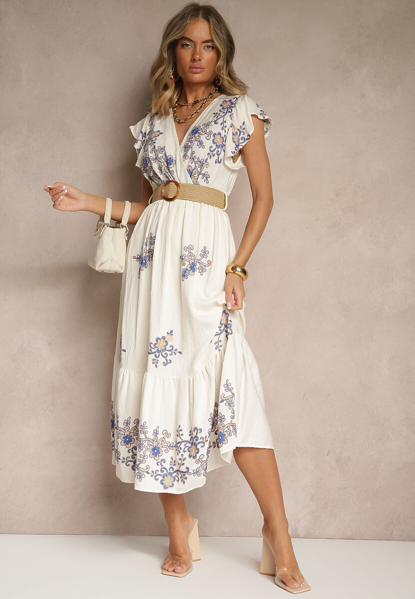 Biało-Niebieska Kopertowa Sukienka z Wiskozy Ozdobiona Haftem i Paskiem Nilatea