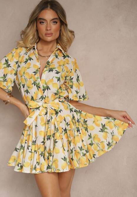 Beżowa Rozkloszowana Sukienka Koszulowa z Wiązanym Paskiem i Krótkim Rękawem Lavialane