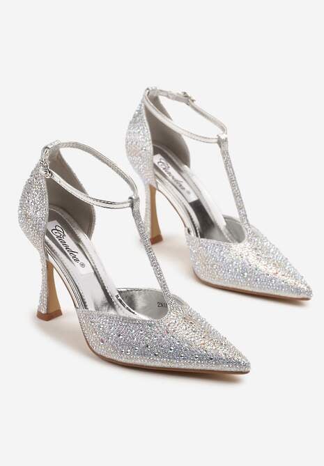 Srebrne Cyrkoniowe Sandały na Szpilce ze Szpiczastym Noskiem Ulonella