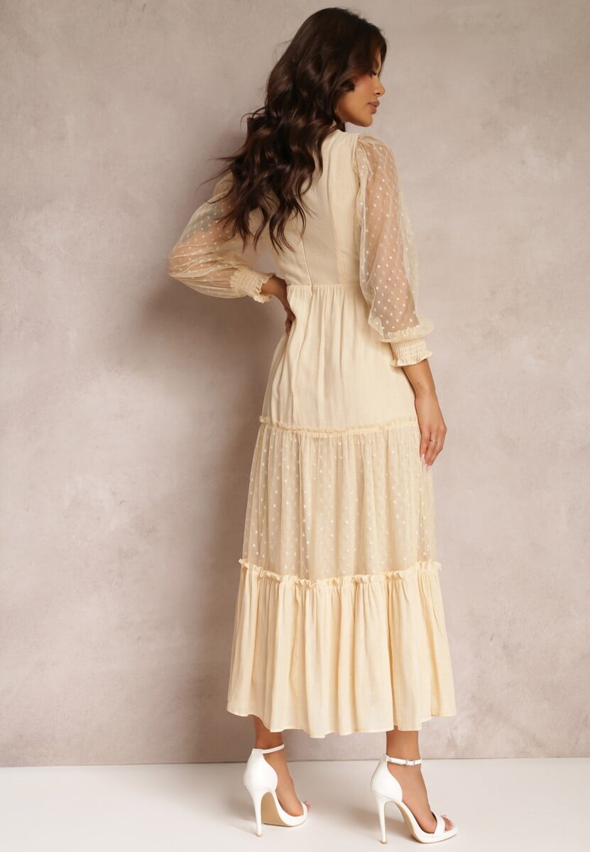 Beżowa Sukienka z Bufiastym Rękawem Ozdobiona Tiulowymi Wstawkami Laluna