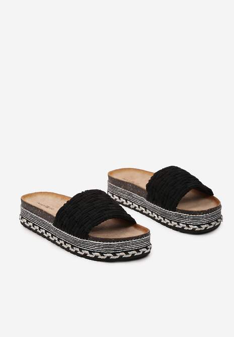 Czarne Plecione Klapki Boho na Grubej Podeszwie z Szerokim Paskiem Eatarla