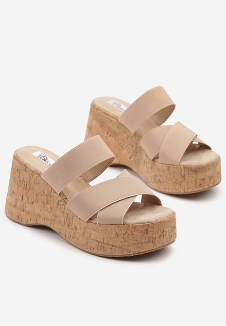 Beżowe Klapki na Korkowej Platformie i Koturnie Dovilene