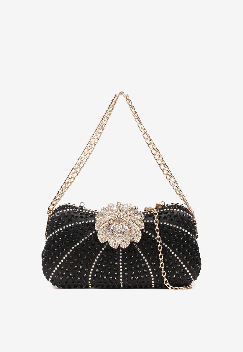 Czarna Torebka Kopertówka z Łańcuszkiem Zdobiona Cyrkoniami i Kwiatową Aplikacją Fessaluna
