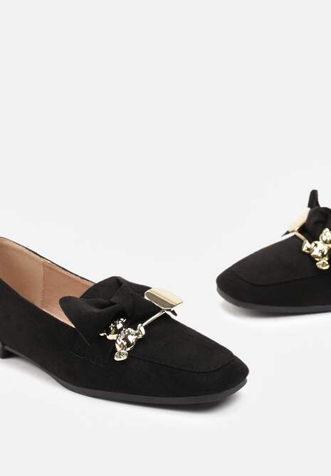 Czarne Mokasyny z Ekozamszu Ozdobione Kokardą i Klamrą z Misiem Koralia