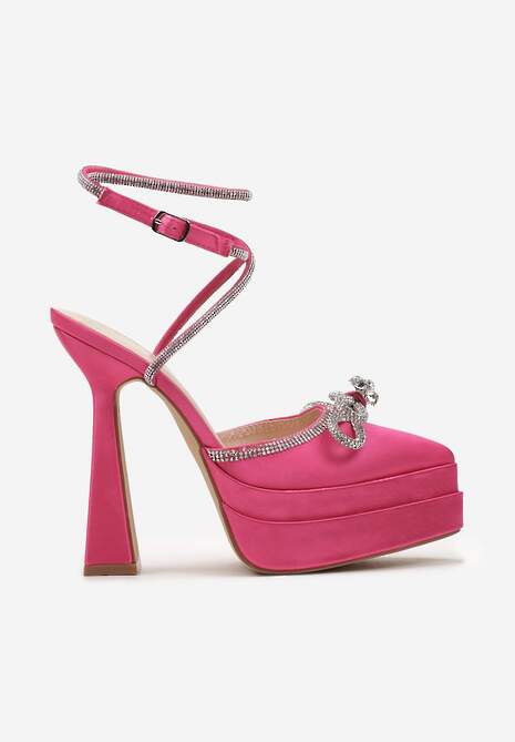 Fuksjowe Sandały na Geometrycznej Szpilce z Platformą z Odkrytą Piątą i Biżuteryjną Kokardką Mornia