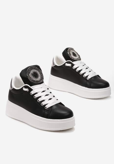 Czarne Sneakersy na Platformie z Cyrkoniami na Szerokim Języku Esirel