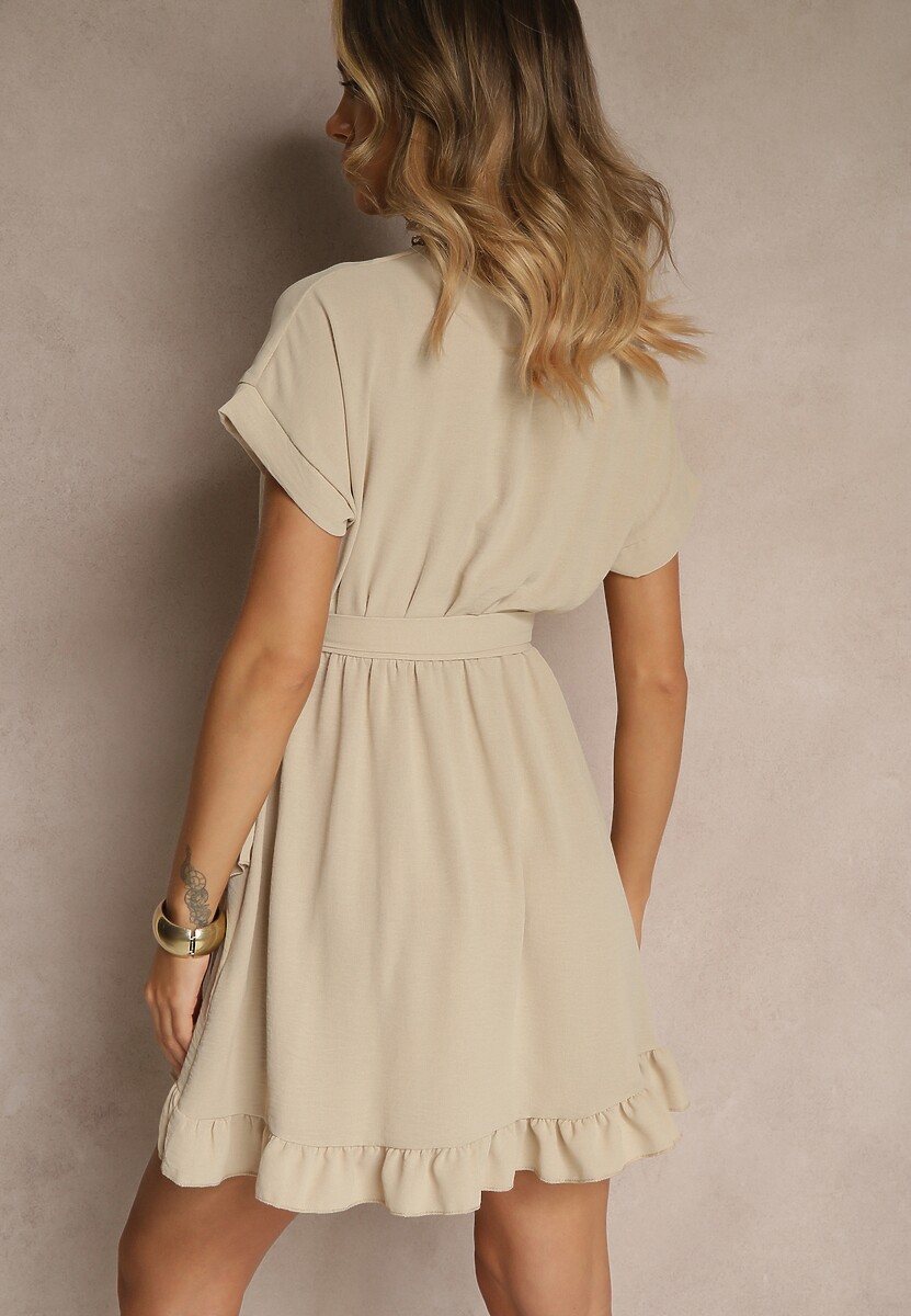 Beżowa Sukienka o Rozkloszowanym Kroju z Paskiem i Falbanami Addea