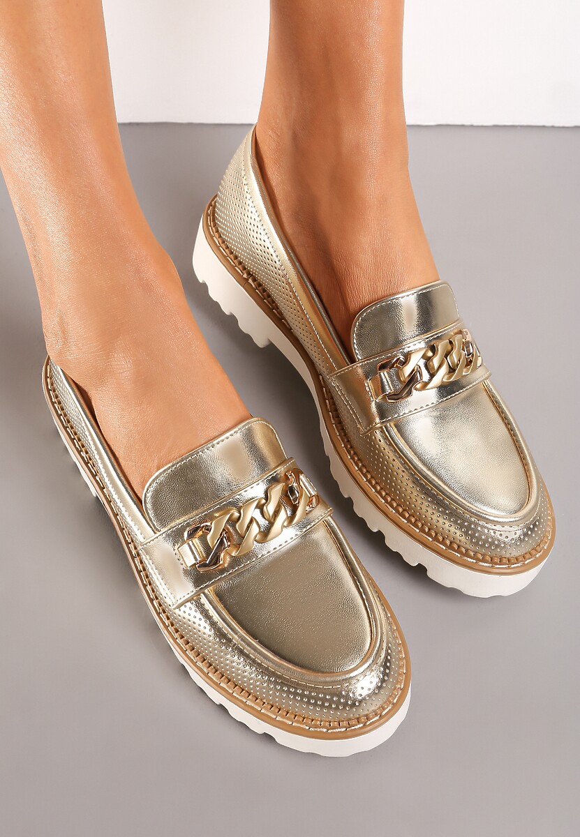Złote Mokasyny z Łańcuszkiem i Grubą Podeszwą Ferinla