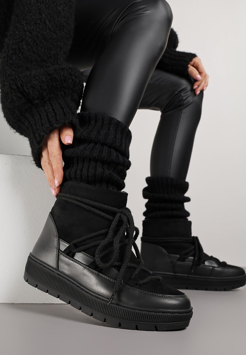 Czarne Sznurowane Śniegowce ze Wsuwaną Cholewką i Futerkiem Typu Baranek Mevirania