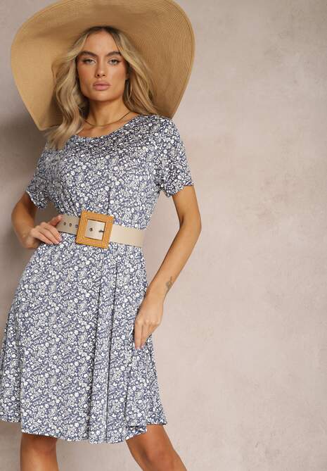 Granatowo-Biała Krótka Sukienka z Rozkloszowanym Dołem i Okrągłym Dekoltem z Wiskozy Dapnehli