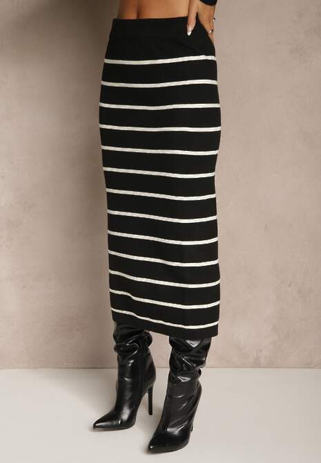 Czarny Komplet z Wiskozą Spódnica i Bluzka z Guzikami Ozdobione Paskami Forrive