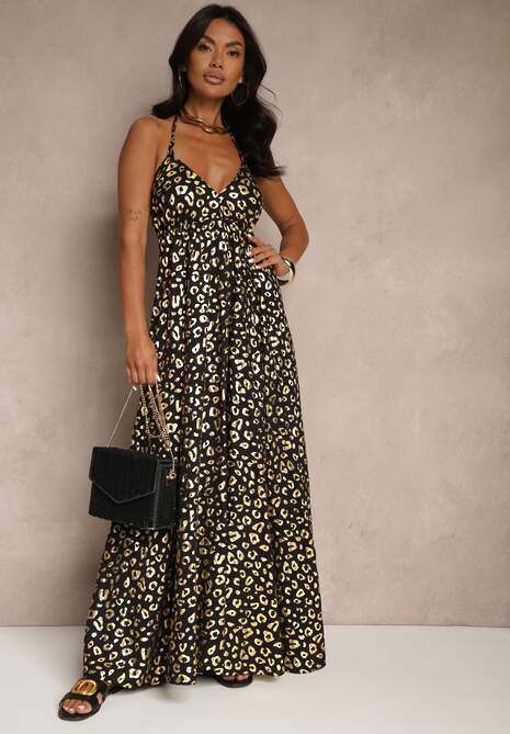 Czarna Wiskozowa Sukienka Halter Zdobiona Metalicznym Nadrukiem w Panterkę Linaruna