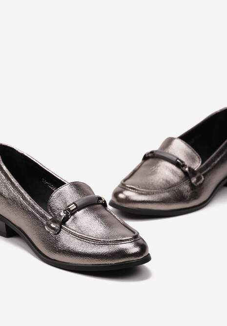 Szare Metaliczne Mokasyny Loafersy z Klamerką i Wkładką ze Skóry Naturalnej Vinterua