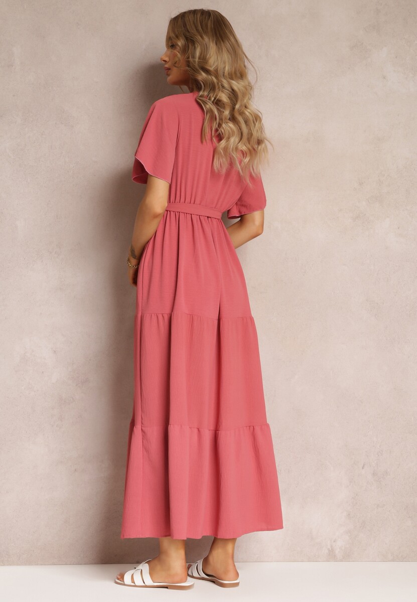 Ciemnoróżowa Sukienka Maxi z Gumką w Talii i Głębokim Dekoltem Chemiste