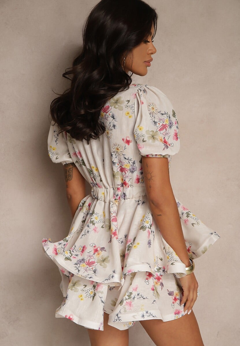 Biała Rozkloszowana Sukienka z Bawełny Zdobiona Falbanami i Kwiatowym Wzorem Sarolisse