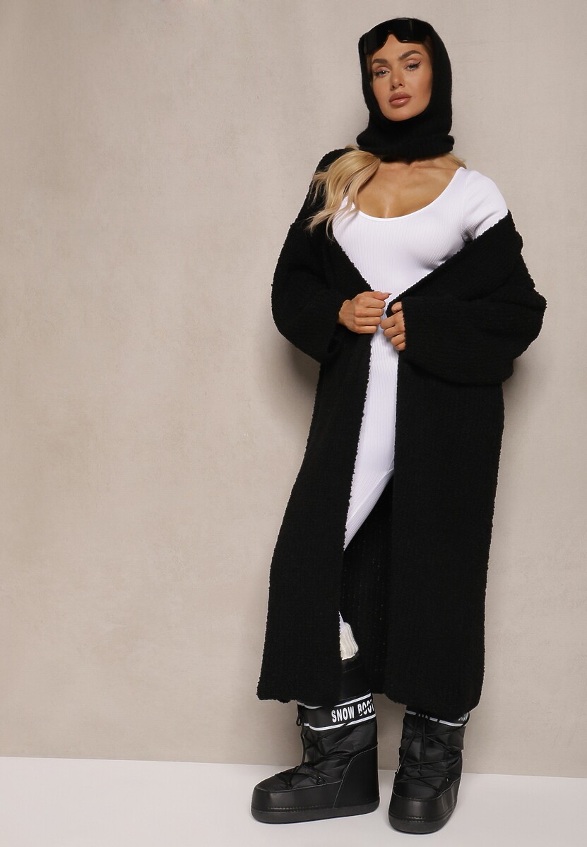 Czarny Niezapinany Kardigan z Wełną o Długim Kroju Temindriae