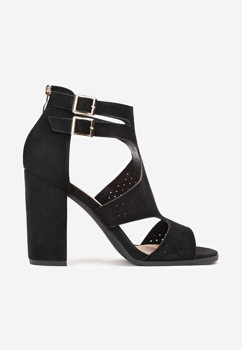 Czarne Sandały na Wysokim Słupku z Perforacją Meeyah