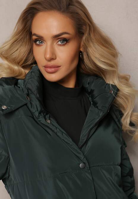 Ciemnozielona Długa Kurtka Płaszcz z Pikowaniem i Odpinanym Kapturem Mystaris