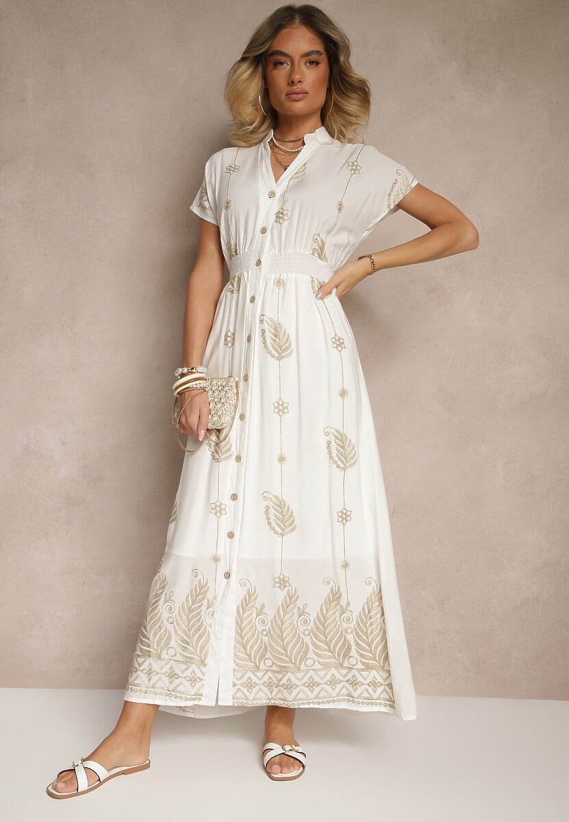 Beżowa Sukienka Koszulowa z Bawełną i Metaliczną Nicią Ullio