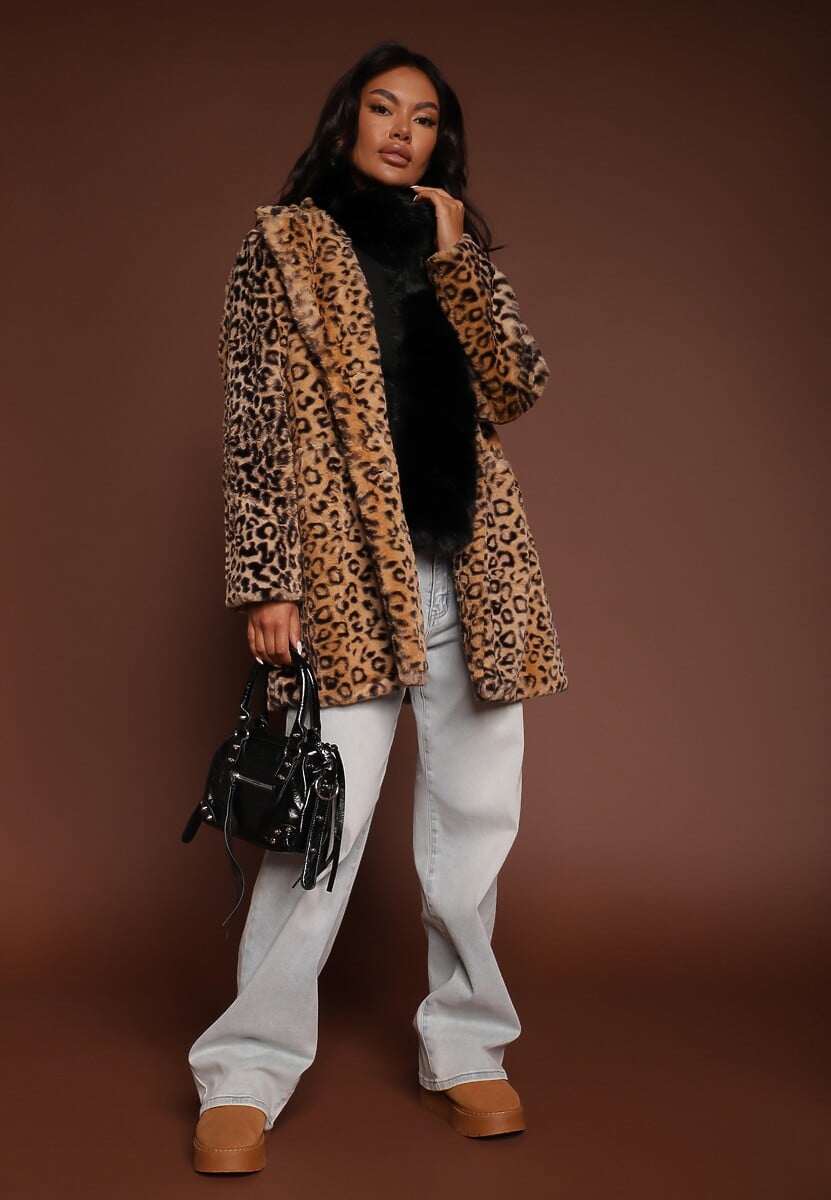 Beżowy Futrzany Płaszcz w Panterkę o Jednorzędowym Kroju z Kieszeniami Lorenciah